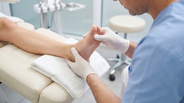 Doctor Performing Medical Foot Examination in Clinic