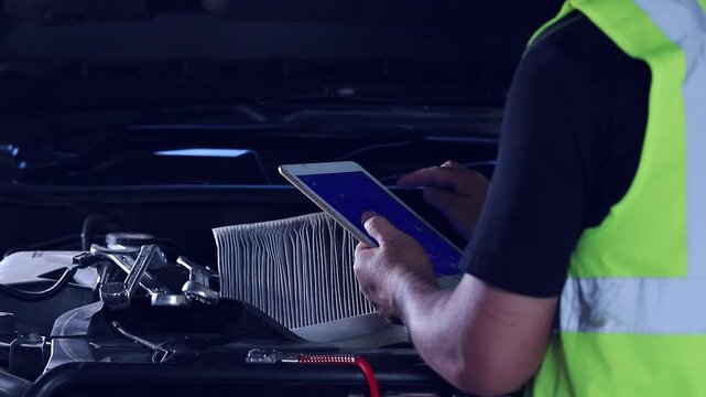 A mechanic is checking the engine compartment with a tablet for maintenance. Filmed in a studio with a digital camera and edited by collaborators. Slow-motion video.