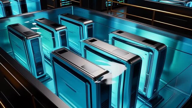 Server room with futuristic computer racks blue lighting
