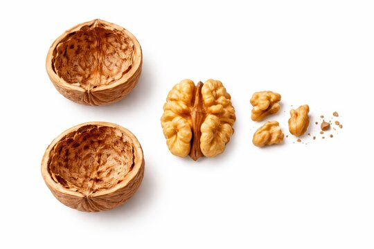 Deconstructed walnut specimen layout with empty shell halves whole kernel and broken fragments studio photo isolated on white background