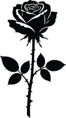 Black rose flower silhouette with thorny stem and leaves, detailed botanical rose vector illustration for tattoo or stencil