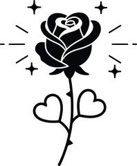 Minimalist black rose tattoo style illustration with heart shaped leaves and sparkles, vector rose line art on white background
