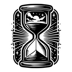 Symbol of Passing Time: An intricately detailed illustration of an hourglass, representing the ephemeral nature of time, with a serene landscape scene within its glass enclosure.