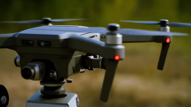 8K Sci-Fi Realism: Cinematic macro of a drone gimbal camera with glowing targeting laser and lens reflections