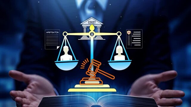 法律と正義を象徴するデジタル法廷イメージ