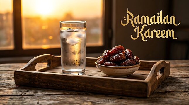 Ramadan Kareem greeting with glass of water and bowl of dates on rustic wooden tray, warm sunset light and cozy Islamic iftar atmosphere