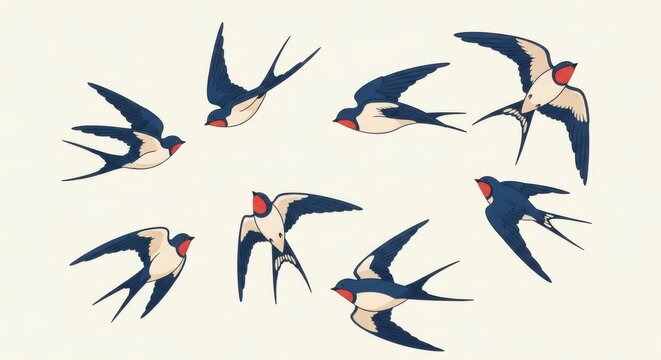 Vibrant swallows flying in various dynamic poses