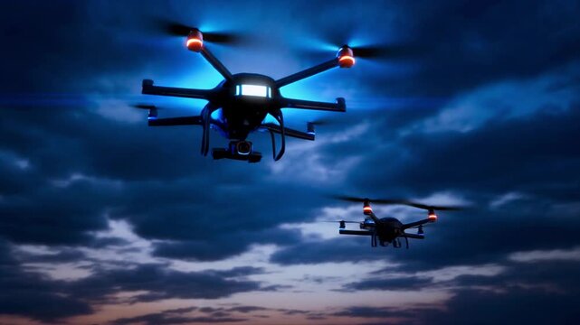 Night interception test: stealth drone emits blue ion-wave freezing opposing drone's propellers, 8K, 2026