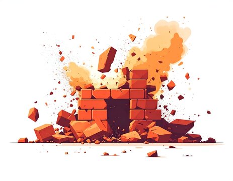 Explosion of a brick archway with debris and smoke