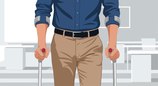 An injured man in a blue shirt and khaki pants stands using crutches in a modern office setting with a neutral background.