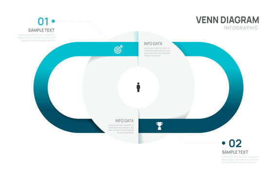 Venn diagram infographic chart template for business 2 color parts options, presentation with venn diagram elements vector illustration.