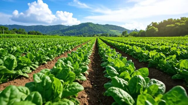 A verdant spinach field stretches towards a distant mountain under a bright blue sky
