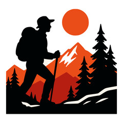 Trekking silhouette in a landscape: A silhouette of an hiker with a backpack, trekking through a mountainous terrain, under the warm glow of the sun.