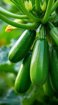 zucchini growing on zucchini plant, natural garden light, photorealistic texture
