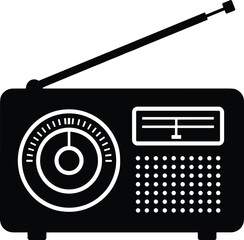 Fototapeta premium Minimal vector silhouette of a vintage hand-held radio with a tuning dial and an antenna, solid black, isolated on a white background.