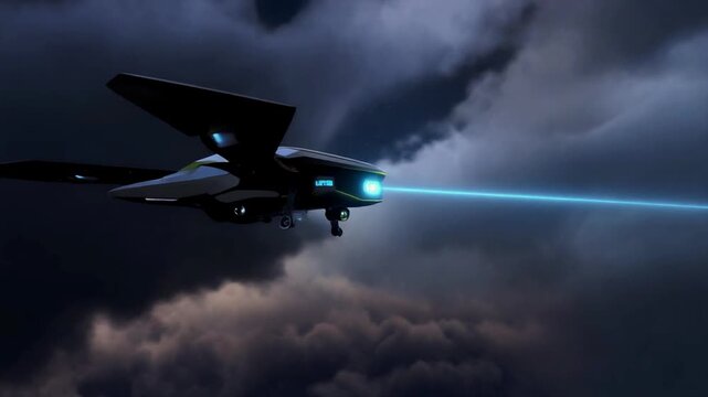 8K Combat Realism: Cinematic loop of a stealth drone using blue ion beam technology to disable incoming missile at night