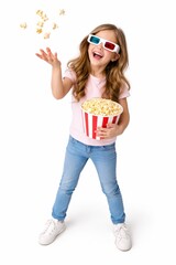 Caucasian child girl wearing anaglyph glasses tossing popcorn beside bucket studio photo isolated on white background