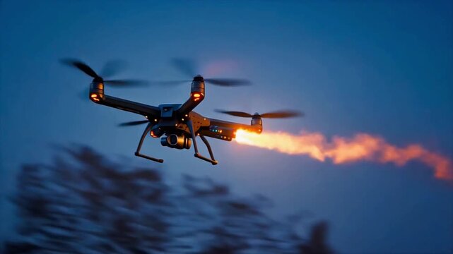 Slow-motion cinematic interception drone with fire trailing, slicing through air, 8K, 2026