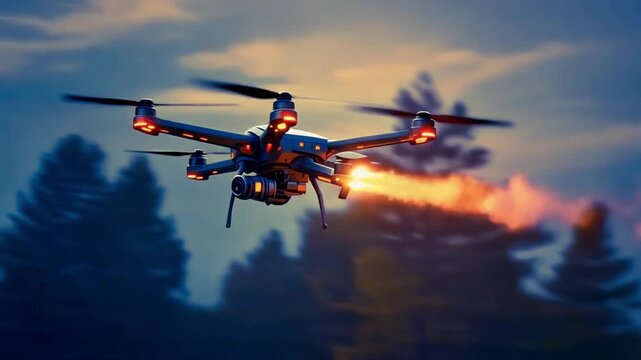 The Burning Strike: Interception drone with fire slices through air, slow-motion electronic beam, 8K loop