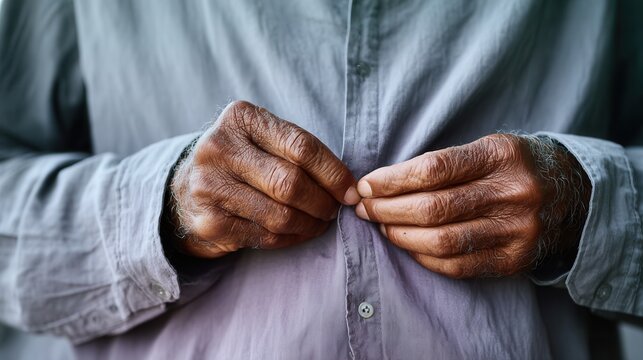 Man buttoning shirt with weathered hands