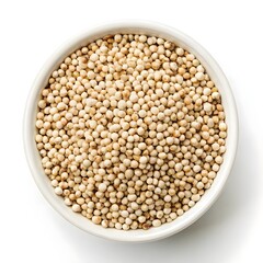 Fototapeta premium Sorghum Variegated Seeds On A White Solid Background, Close Up Macro Shot Of Multicolored Grains, Representing Ancient Whole Grain Superfood, Organic Nutrition, And Sustainable Healthy Living