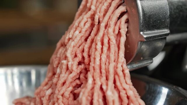 Raw, light pink ground meat extruding from a metal grinder into a bowl