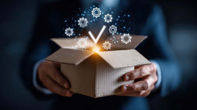 Unboxing Success: Hands unveil a carton box that unlocks innovative gears and symbols, embodying the concept of strategic solutions and seamless system