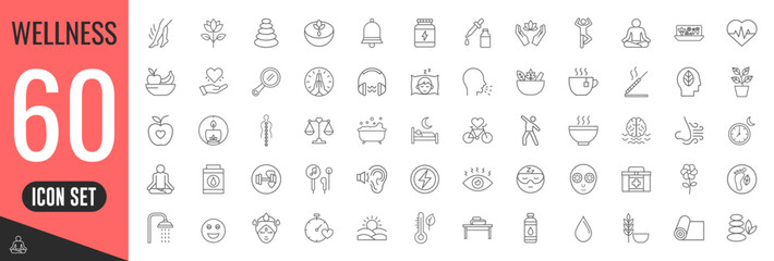 Wellness thin line icons set. Relaxation, massage, yoga, spa, meditation, health, wellbeing icon. Vector
