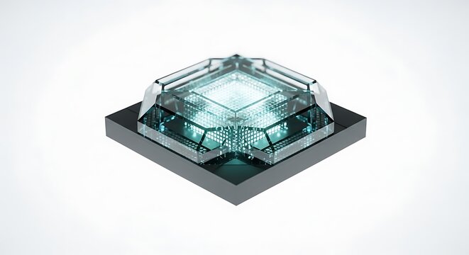 Abstract geometric crystal structure with glowing blue light on a dark square base against a white background