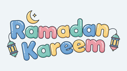 Colorful cartoon text "Ramadan Kareem" with crescent moon and lanterns.