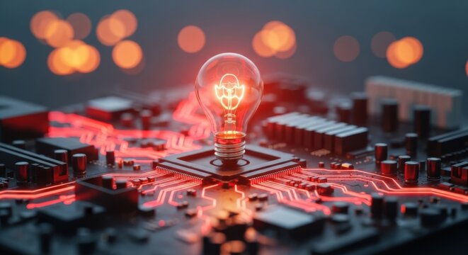 Glowing light bulb on a circuit board with red neon connections