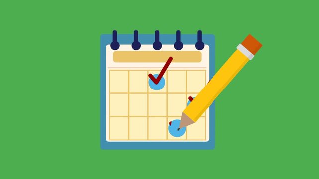 Animated pen checking a calendar checklist symbolizing completed tasks, often used for task completion, workflow progress, business productivity, and project status updates.