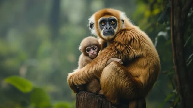 A mother gibbon lovingly holds her baby in the lush forest. Their bond is unbreakable. Witness this heartwarming moment in nature. Generative AI