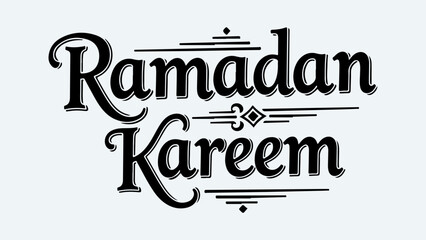 Ramadan Kareem stylized calligraphy text with decorative elements on a light background.