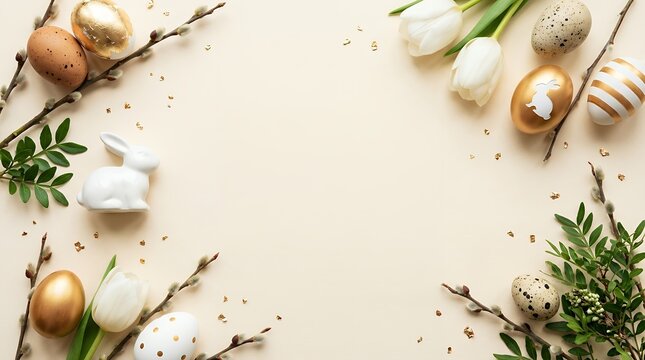 Festive Easter eggs white tulips pussy willow branches green leaves and a ceramic rabbit figurine arranged around a light colored background with golden confetti spring holiday decoration