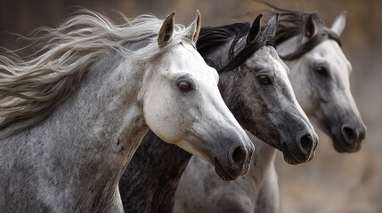 Obraz premium Three horses running side by side head and neck close-up, gray silver horses with shiny coats, blurred background soft light, renaissance historical art style material
