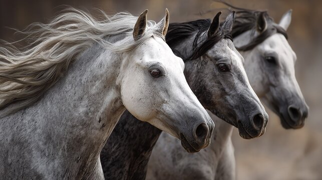 Three horses running side by side head and neck close-up, gray silver horses with shiny coats, blurred background soft light, renaissance historical art style material