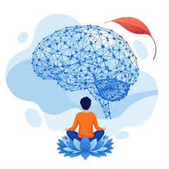 Person meditating with a brain made of lines and dots above their head in a serene setting with a leaf