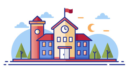 Fototapeta premium School building with clock tower isolated on white background, Vector