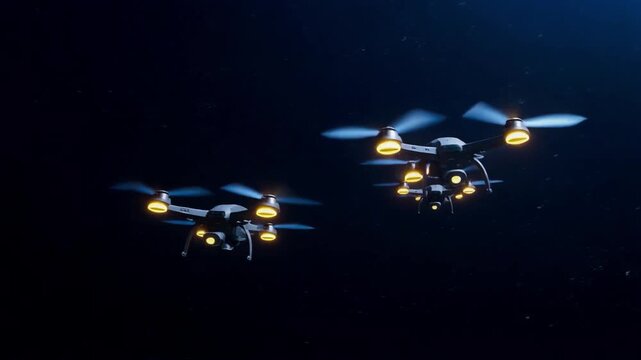 Two military drones circling in a perfect aerial loop, synchronized rotation, 8K cinematic, 2026