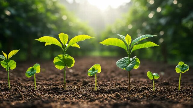 Rows of Sprouted Plants in Rich Brown Soil Under Soft Sunlight in a Lush Blurred Green Background Creating a Sense of Freshness and Sustainable Growth
