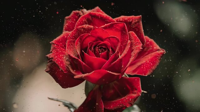 A close-up of a vibrant red rose with water droplets, against a dark backdrop
