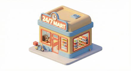 Fototapeta premium Cute 3D isometric convenience store building with delivery scooter isolated on white background.