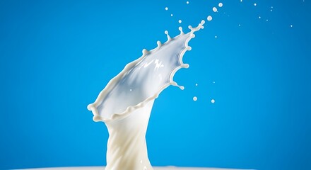 White milk splash frozen in motion against a bright blue background with droplets liquid