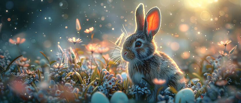 Cute baby rabbit sitting among spring flowers and Easter eggs, glowing in warm sunset light with sparkling bokeh. Magical Easter atmosphere symbolizing renewal, tenderness, innocence, and peaceful spr