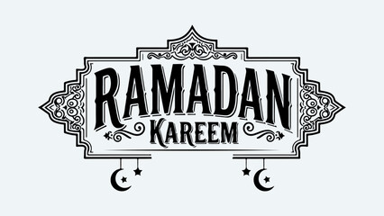 Ramadan Kareem decorative text with crescent moons and Islamic patterns.