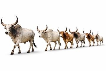 Professional studio photo herd of zebu cattle walking single file line side view panorama isolated on white background