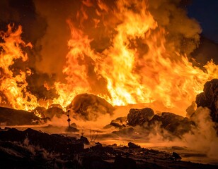 Fototapeta premium A massive fire burns across a landscape