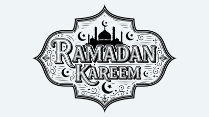 Ramadan Kareem decorative lettering with Islamic crescent moons and mosque silhouette.