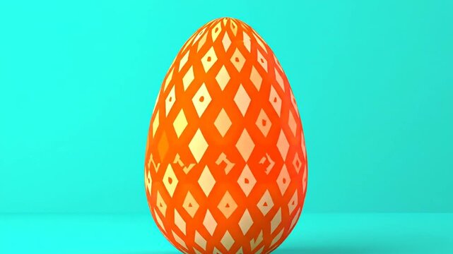 A vibrant, abstract, orange-and-white patterned egg shape, set against a solid turquoise backdrop